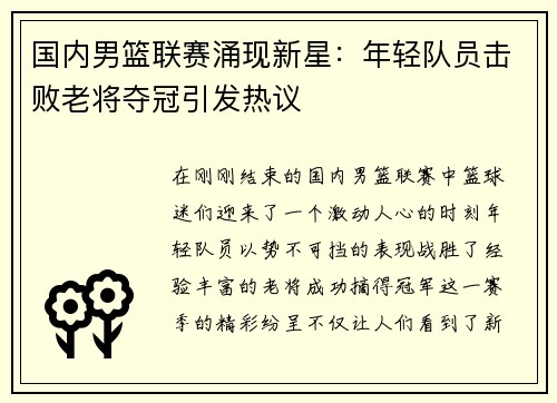 国内男篮联赛涌现新星：年轻队员击败老将夺冠引发热议