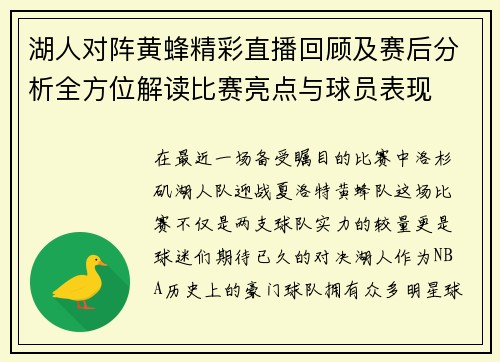湖人对阵黄蜂精彩直播回顾及赛后分析全方位解读比赛亮点与球员表现