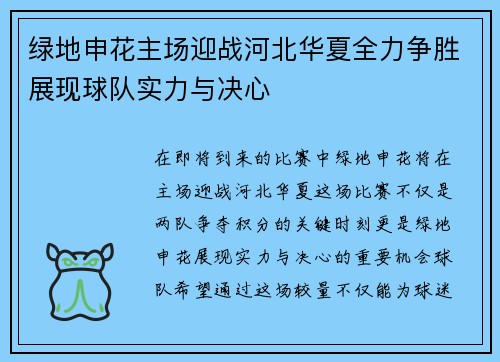 绿地申花主场迎战河北华夏全力争胜展现球队实力与决心