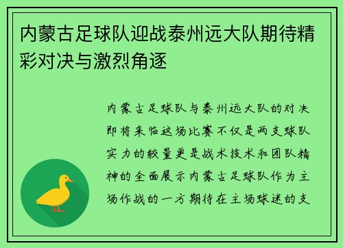 内蒙古足球队迎战泰州远大队期待精彩对决与激烈角逐