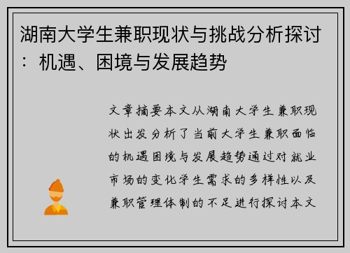 湖南大学生兼职现状与挑战分析探讨：机遇、困境与发展趋势