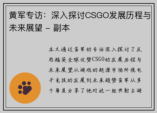黄军专访：深入探讨CSGO发展历程与未来展望 - 副本